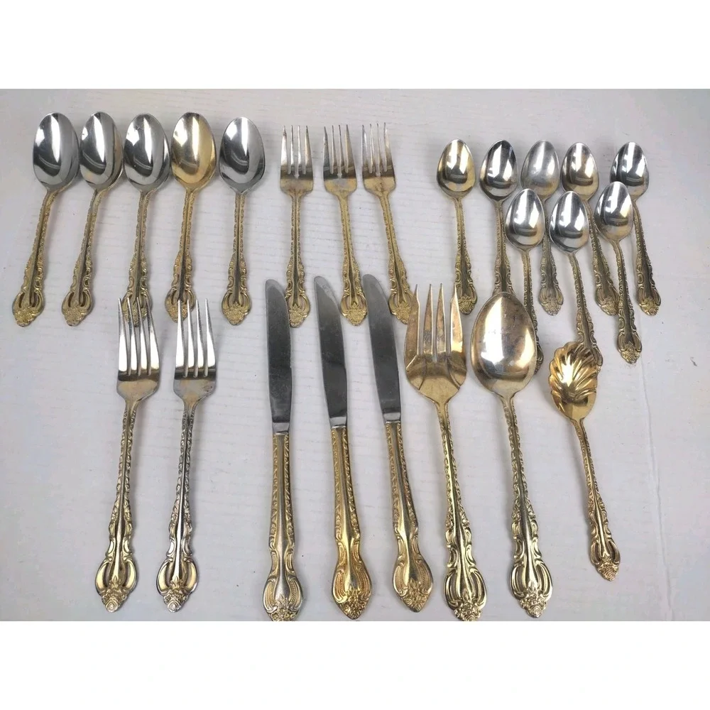 Vintage 24 PC Gold Tone Ornate COOK'S ESSENTIALS 18/10 STAINLESS FLATWARE